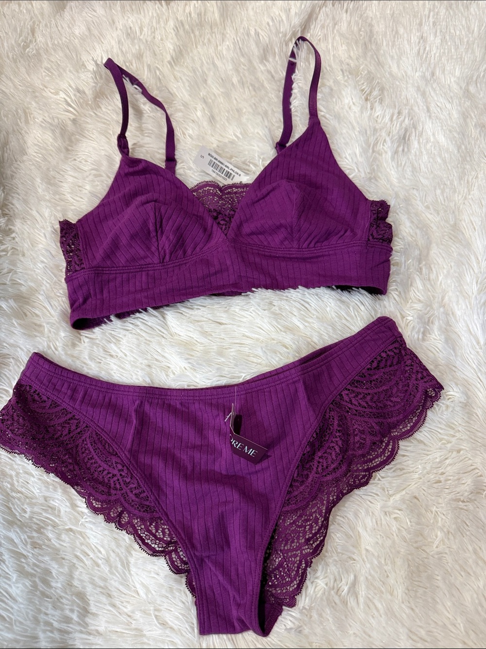 Adore Me Plum Ribbed Lace Bralette & Bikini Set